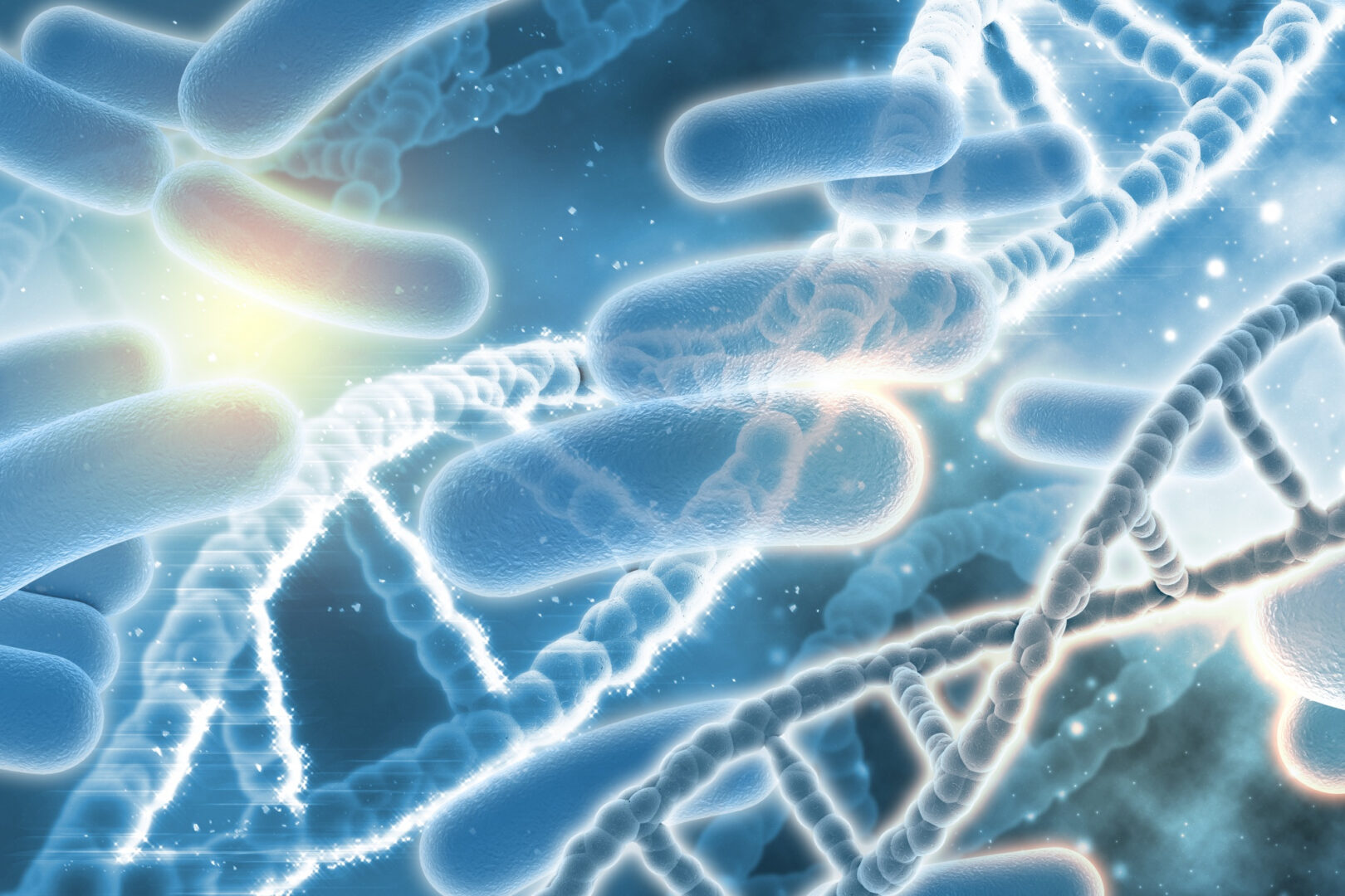 Synteza białka na przykładzie zdjęcia dna i bakterii